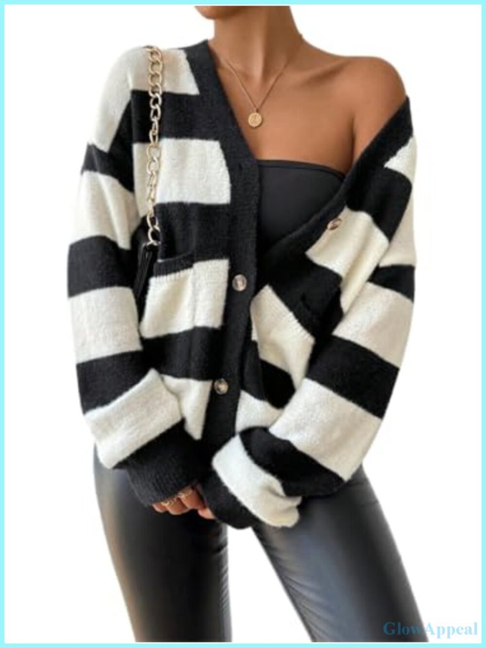 Chunky Knit Cardigan for Women, Button Front V-Neck Drop Shoulder Striped Long